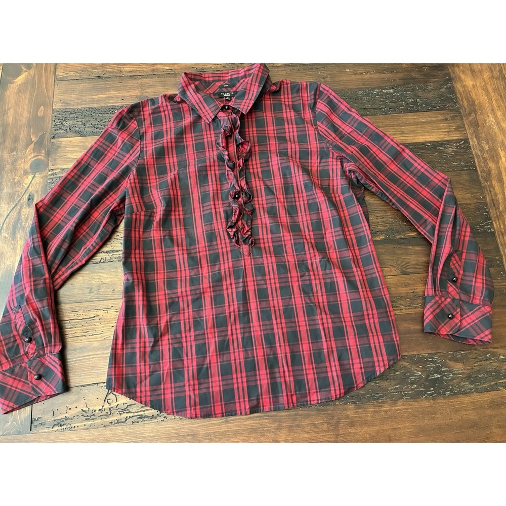 Talbots Ruffled Buffalo Plaid Blouse Women's Size 12 Holiday Classic Red Black - Picture 1 of 3